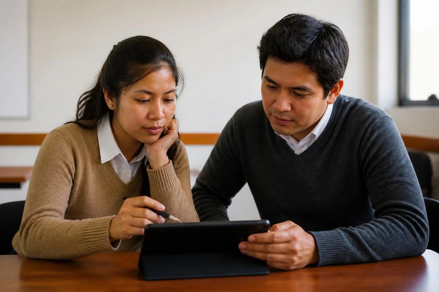 Dos colegas consultando sus notas en una tablet