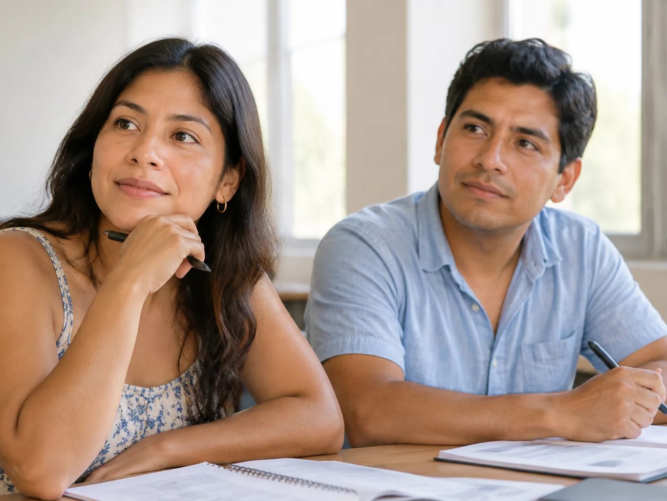 Dos personas revisando apuntes impresos sobre la mesa