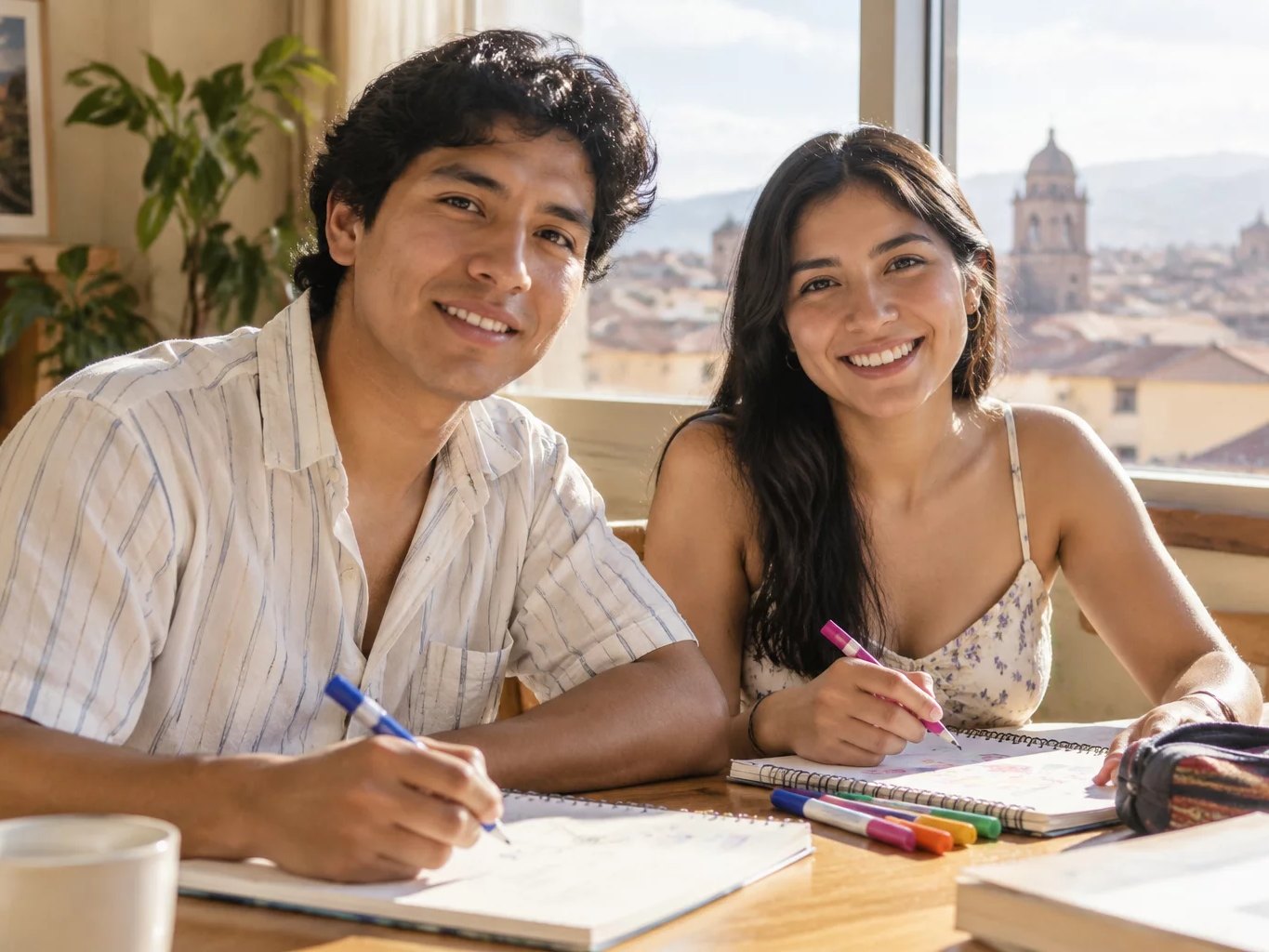 Dos personas organizando sus apuntes con plumones de colores